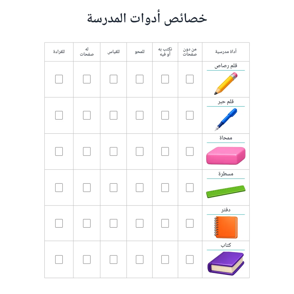 خصائص أدوات المدرسة