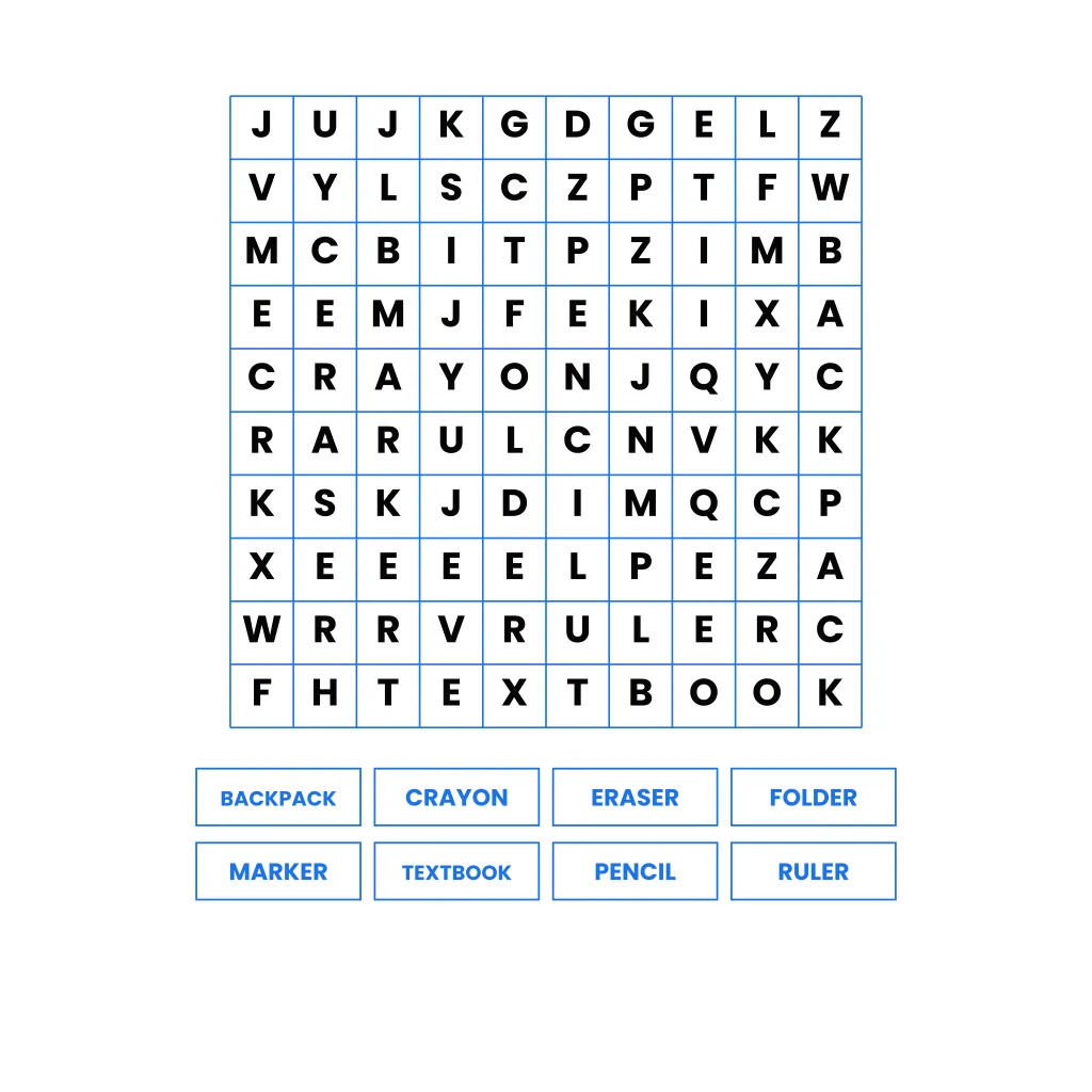 School Supplies Word Search